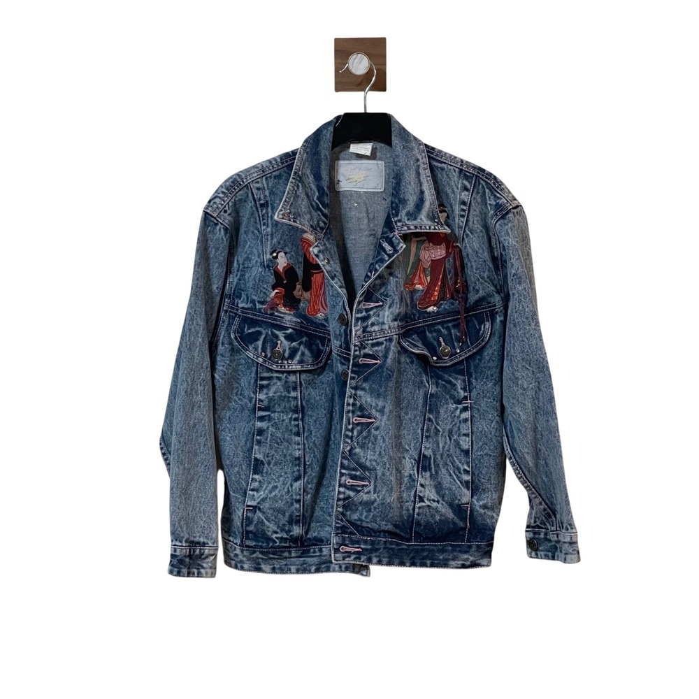 Taboo Sportswear Vintage Acid Wash‎ Denim Jacket Geisha Appliques Size S